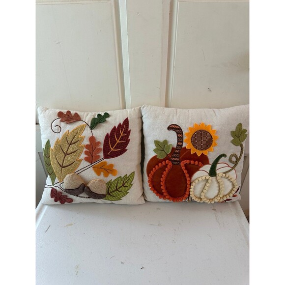 Pair Of Fall Harvest Pumpkin Embellished Embroidered Mix Media 3D Mini Pillows - Picture 1 of 6